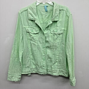 Anthony’s Resort Wear 1X Lime Green Linen Jacket Front Pockets Frayed All Around